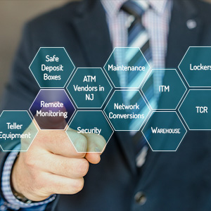 Business person logged into NCR dealer in NJ service portal with finger extended pointing at a hexagon with the words "Remote Monitoring"